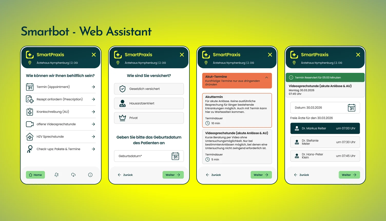 Four steps of the Smartbot web assistant: choosing an intent, selecting insurance type, comparing acute appointment types with durations, and picking a doctor and time with a five-minute hold