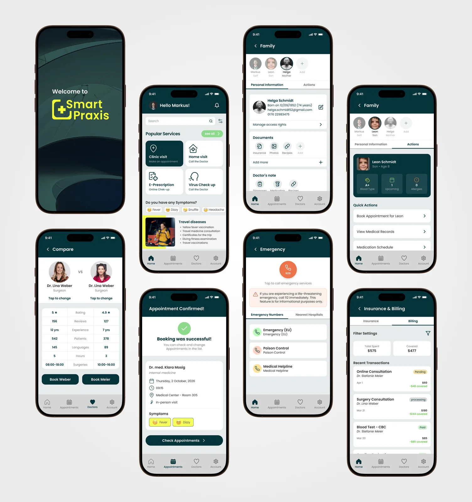 Patient app screens: welcome, home with popular services and symptom entry, family profiles with documents and access rights, emergency contacts, insurance and billing, doctor comparison and appointment confirmation