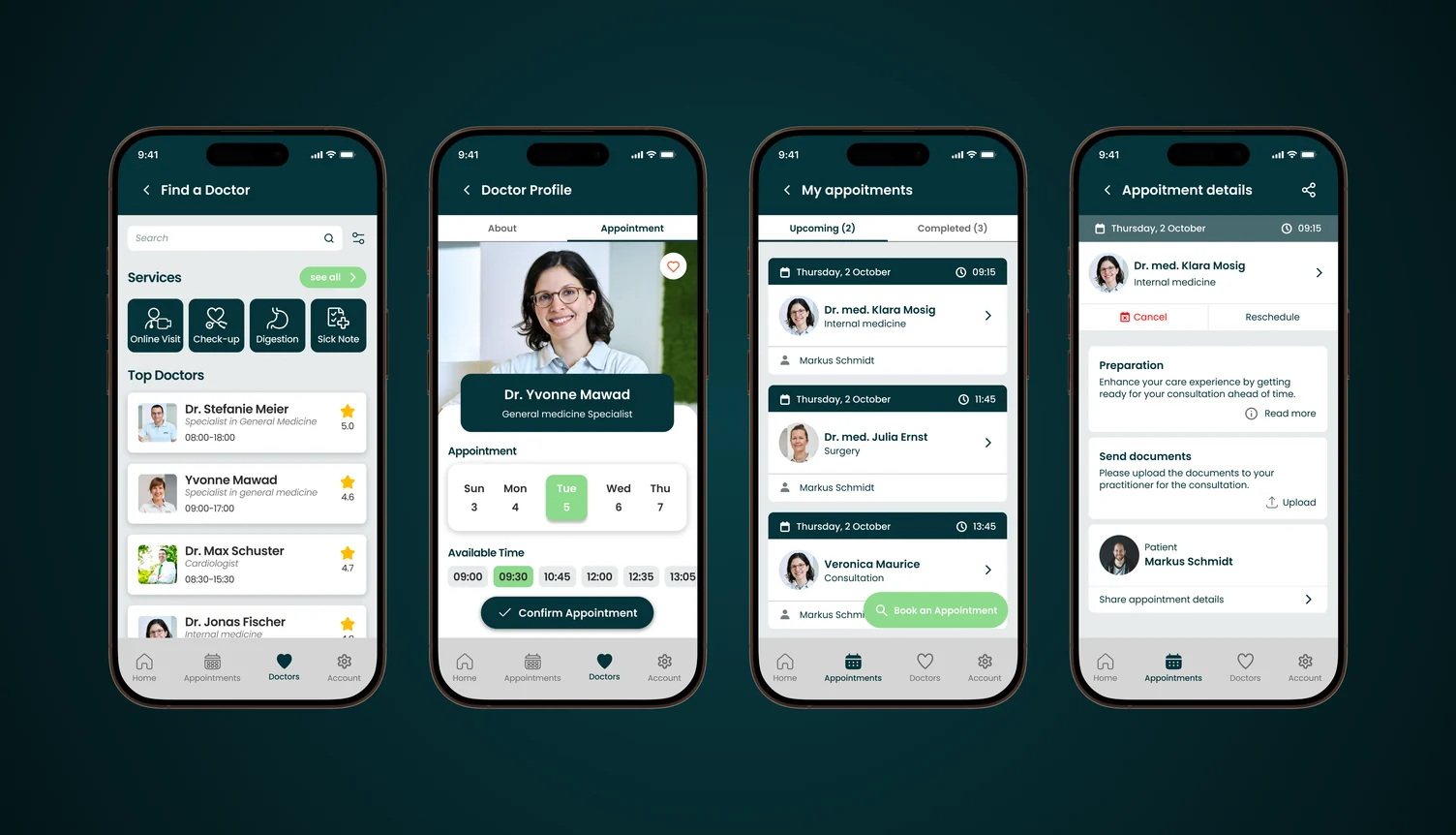 Patient app: find a doctor with service filters, doctor profile with availability, my appointments with upcoming and completed tabs, and appointment detail with preparation and document upload